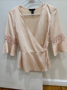 New Look Blush Wrap Top with Lace Bell Sleeves